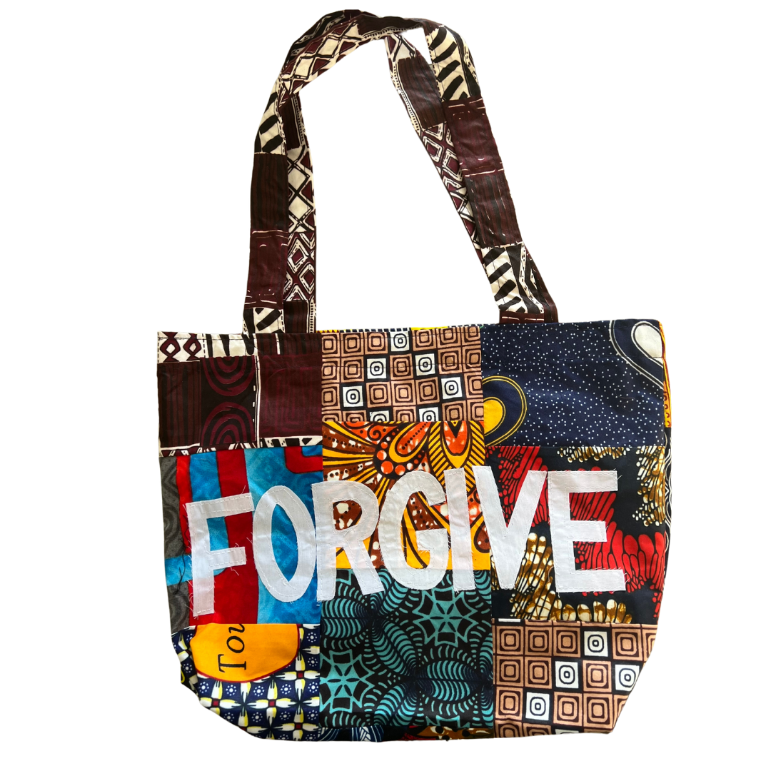 Rwandan Hand-Made Patchwork Fabric Forgive/Pray Tote Bags