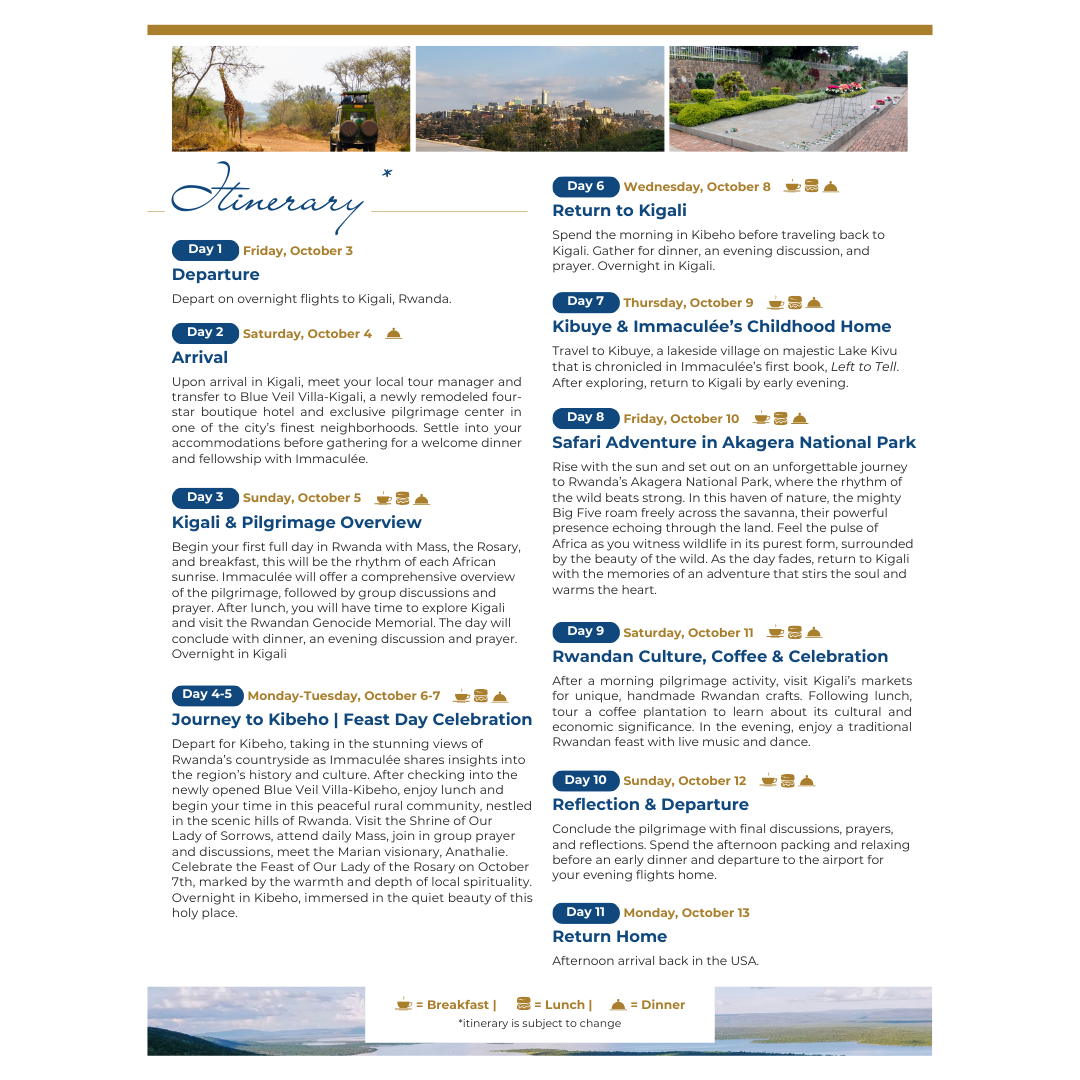 Rwandan Pilgrimage with Immaculee October 3-13, 2025 - REGISTRATION only through Corporate Travel