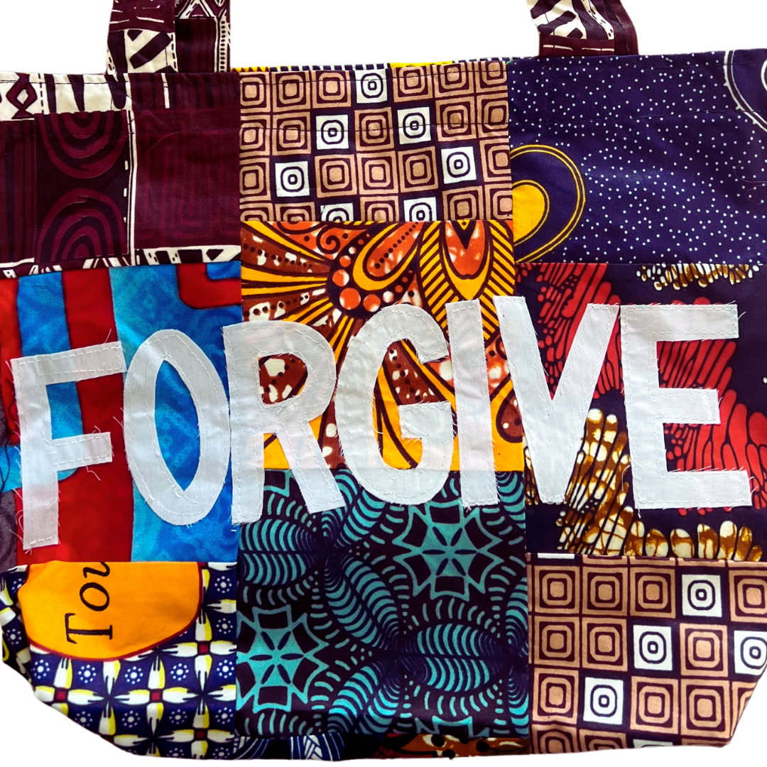 Rwandan Hand-Made Patchwork Fabric Forgive/Pray Tote Bags