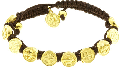 10 St Benedict Medal Corded Bracelet with Miraculous Medal - Brown with Booklets