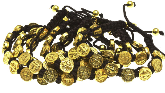 10 St Benedict Medal Corded Bracelet with Miraculous Medal - Brown with Booklets